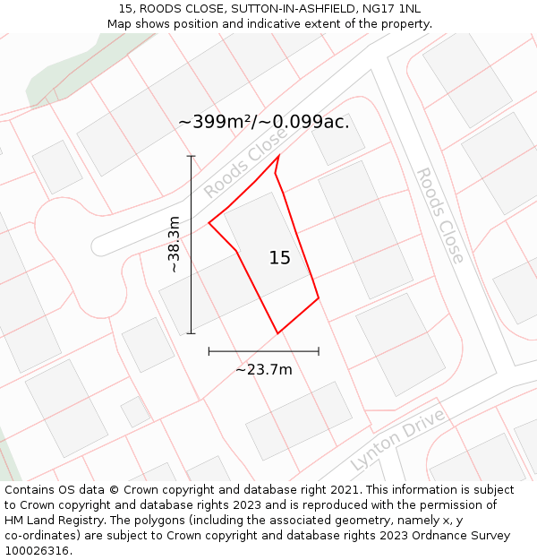 15, ROODS CLOSE, SUTTON-IN-ASHFIELD, NG17 1NL: Plot and title map