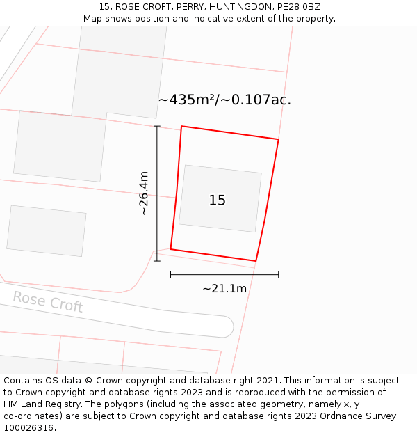 15, ROSE CROFT, PERRY, HUNTINGDON, PE28 0BZ: Plot and title map