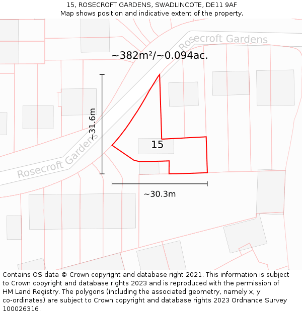 15, ROSECROFT GARDENS, SWADLINCOTE, DE11 9AF: Plot and title map