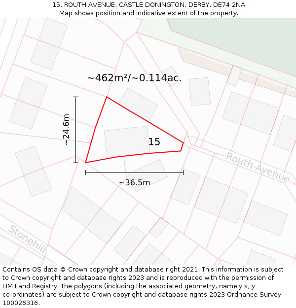 15, ROUTH AVENUE, CASTLE DONINGTON, DERBY, DE74 2NA: Plot and title map