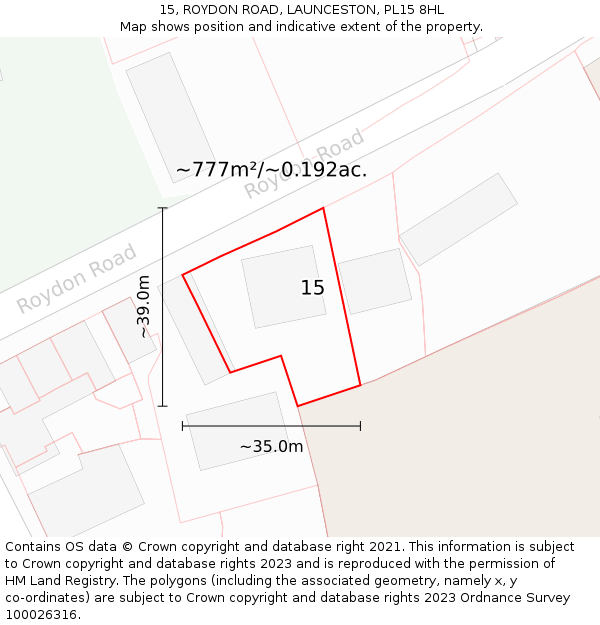 15, ROYDON ROAD, LAUNCESTON, PL15 8HL: Plot and title map