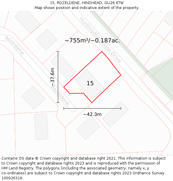 15, ROZELDENE, HINDHEAD, GU26 6TW: Plot and title map