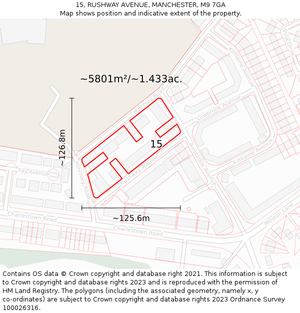 15, RUSHWAY AVENUE, MANCHESTER, M9 7GA: Plot and title map