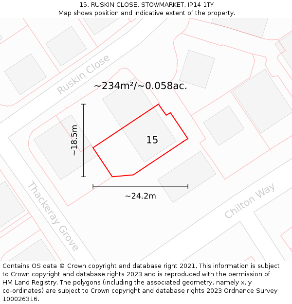 15, RUSKIN CLOSE, STOWMARKET, IP14 1TY: Plot and title map