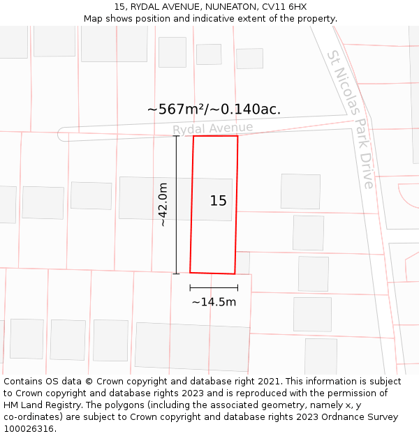 15, RYDAL AVENUE, NUNEATON, CV11 6HX: Plot and title map