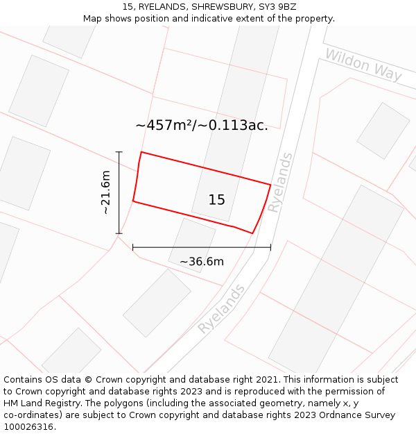 15, RYELANDS, SHREWSBURY, SY3 9BZ: Plot and title map