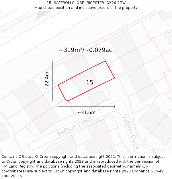 15, SAFFRON CLOSE, BICESTER, OX26 3ZW: Plot and title map