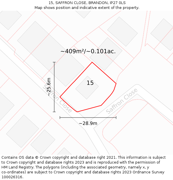 15, SAFFRON CLOSE, BRANDON, IP27 0LS: Plot and title map
