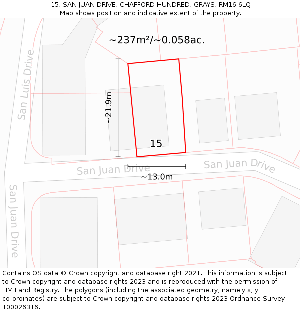 15, SAN JUAN DRIVE, CHAFFORD HUNDRED, GRAYS, RM16 6LQ: Plot and title map