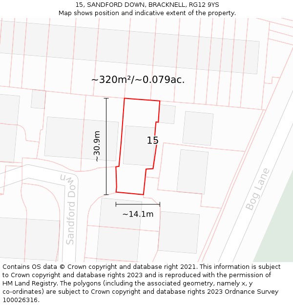 15, SANDFORD DOWN, BRACKNELL, RG12 9YS: Plot and title map