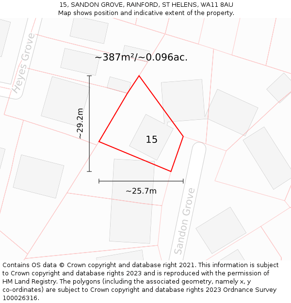 15, SANDON GROVE, RAINFORD, ST HELENS, WA11 8AU: Plot and title map