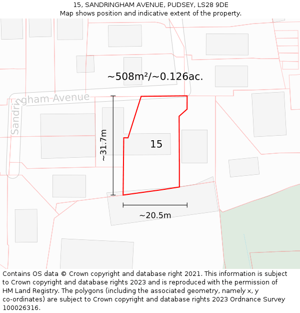 15, SANDRINGHAM AVENUE, PUDSEY, LS28 9DE: Plot and title map