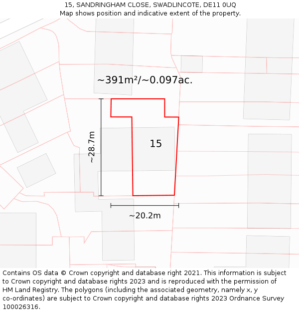 15, SANDRINGHAM CLOSE, SWADLINCOTE, DE11 0UQ: Plot and title map