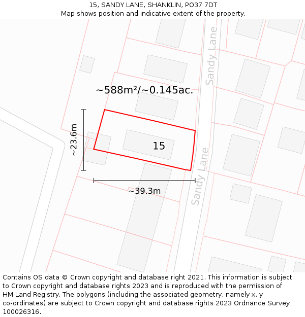 15, SANDY LANE, SHANKLIN, PO37 7DT: Plot and title map