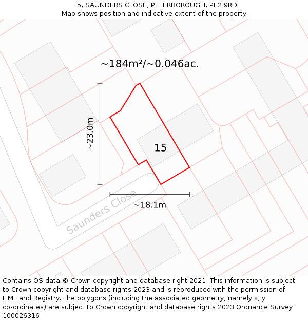 15, SAUNDERS CLOSE, PETERBOROUGH, PE2 9RD: Plot and title map