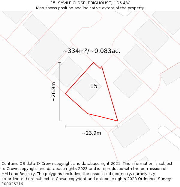 15, SAVILE CLOSE, BRIGHOUSE, HD6 4JW: Plot and title map