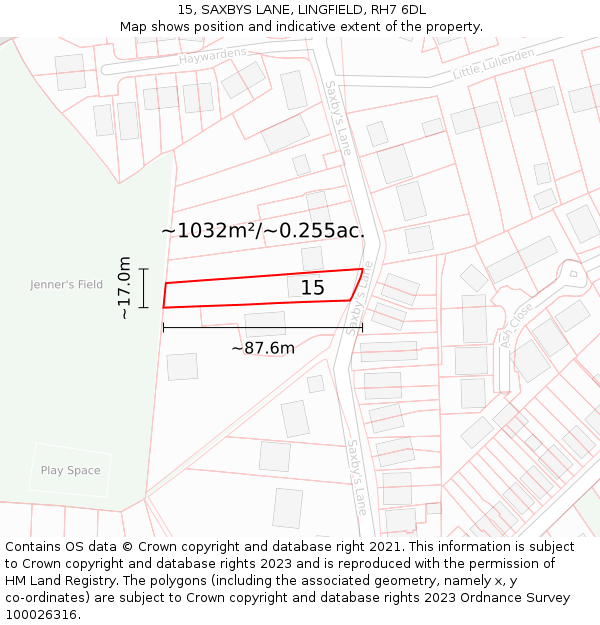 15, SAXBYS LANE, LINGFIELD, RH7 6DL: Plot and title map