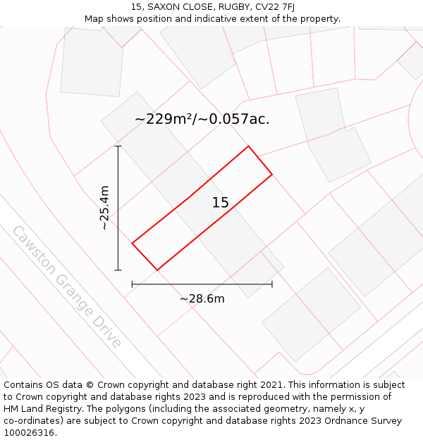 15, SAXON CLOSE, RUGBY, CV22 7FJ: Plot and title map