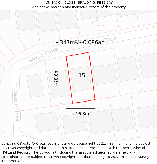 15, SAXON CLOSE, SPALDING, PE12 6AY: Plot and title map