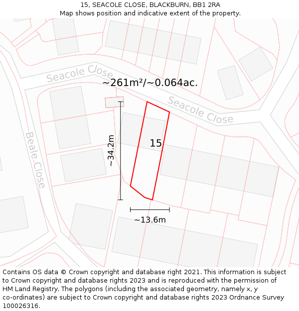 15, SEACOLE CLOSE, BLACKBURN, BB1 2RA: Plot and title map