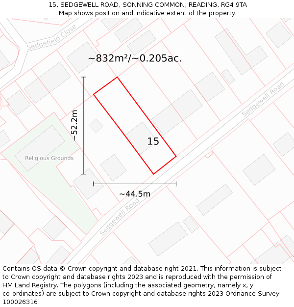 15, SEDGEWELL ROAD, SONNING COMMON, READING, RG4 9TA: Plot and title map