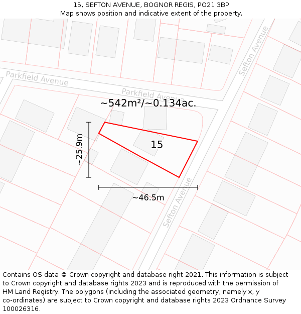 15, SEFTON AVENUE, BOGNOR REGIS, PO21 3BP: Plot and title map