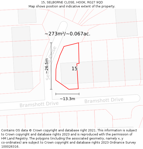 15, SELBORNE CLOSE, HOOK, RG27 9QD: Plot and title map