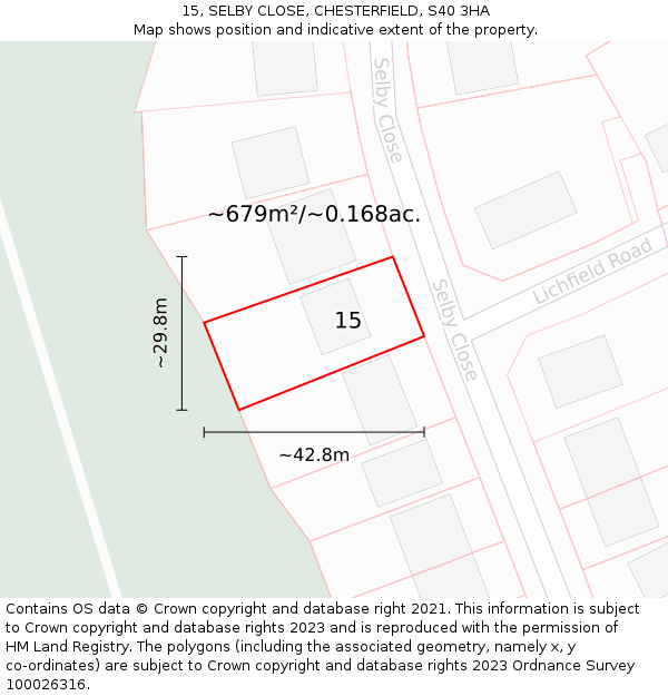 15, SELBY CLOSE, CHESTERFIELD, S40 3HA: Plot and title map