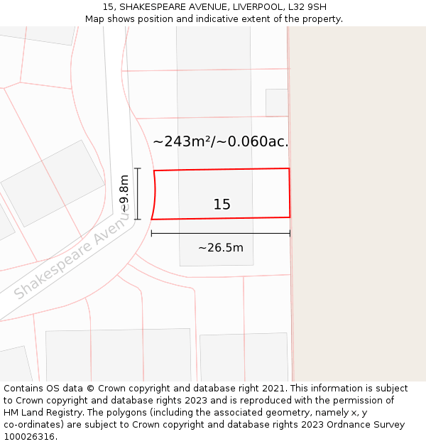 15, SHAKESPEARE AVENUE, LIVERPOOL, L32 9SH: Plot and title map