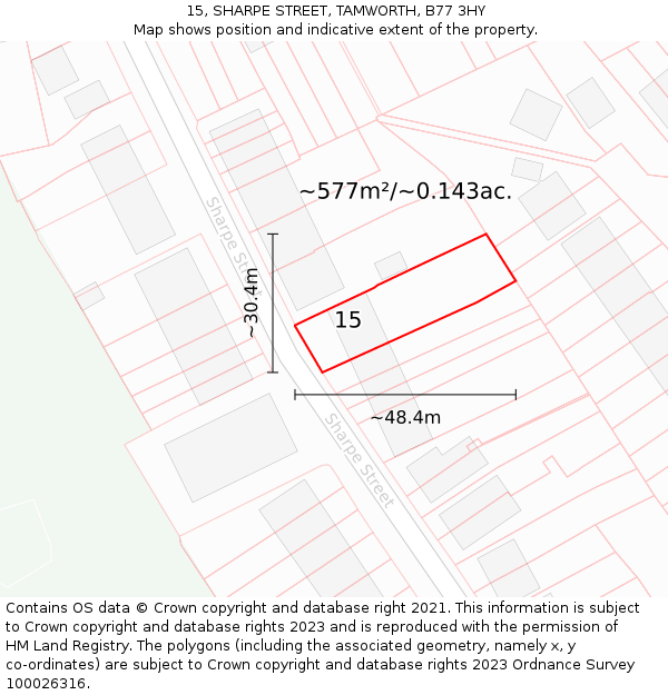 15, SHARPE STREET, TAMWORTH, B77 3HY: Plot and title map