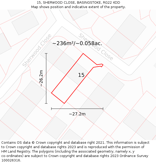 15, SHERWOOD CLOSE, BASINGSTOKE, RG22 4DD: Plot and title map