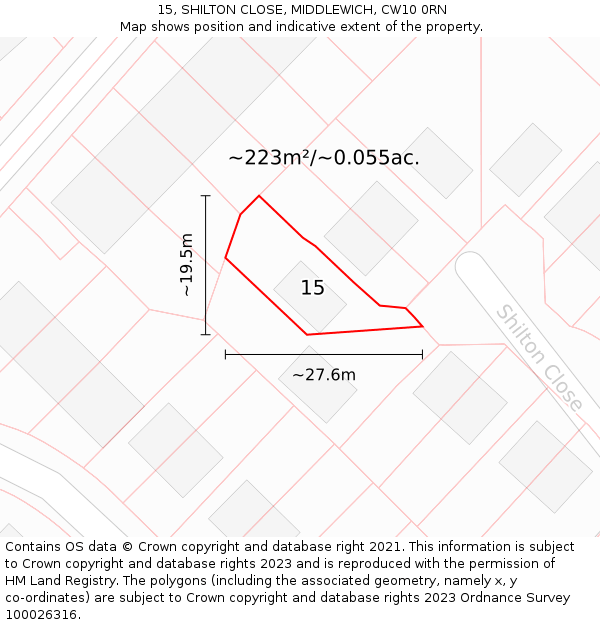 15, SHILTON CLOSE, MIDDLEWICH, CW10 0RN: Plot and title map