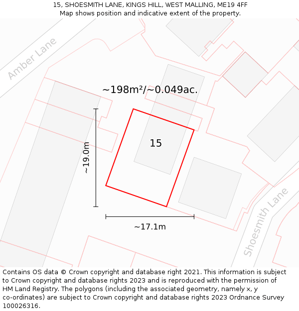 15, SHOESMITH LANE, KINGS HILL, WEST MALLING, ME19 4FF: Plot and title map