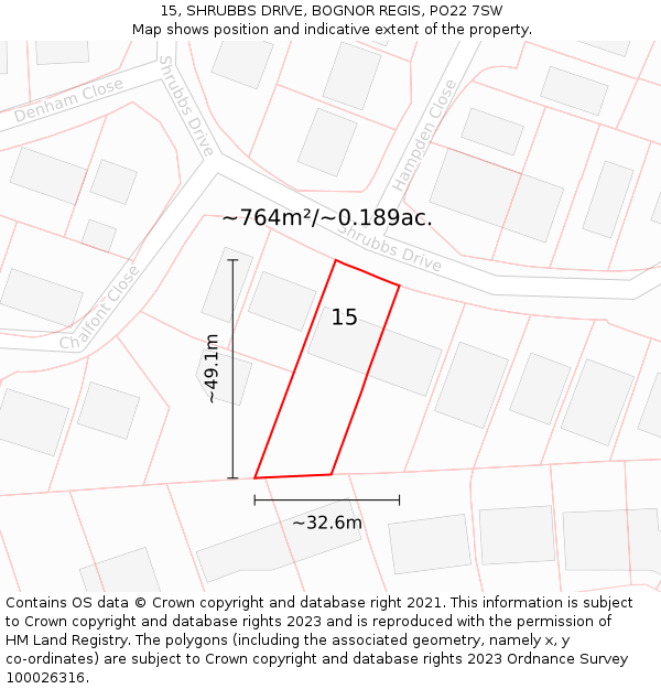 15, SHRUBBS DRIVE, BOGNOR REGIS, PO22 7SW: Plot and title map