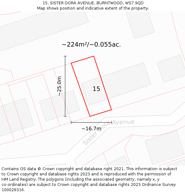 15, SISTER DORA AVENUE, BURNTWOOD, WS7 9QD: Plot and title map