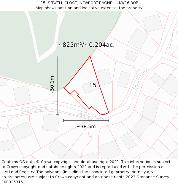 15, SITWELL CLOSE, NEWPORT PAGNELL, MK16 8QR: Plot and title map