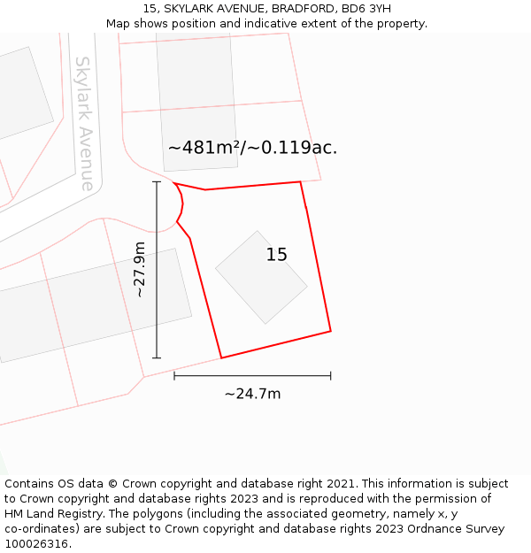 15, SKYLARK AVENUE, BRADFORD, BD6 3YH: Plot and title map