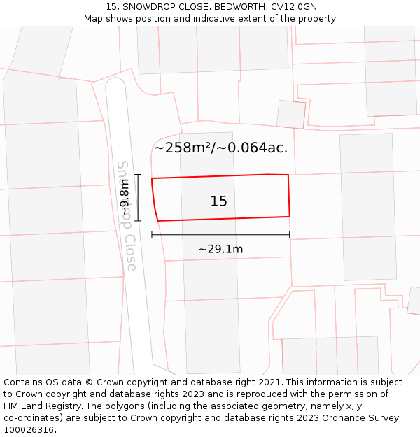 15, SNOWDROP CLOSE, BEDWORTH, CV12 0GN: Plot and title map