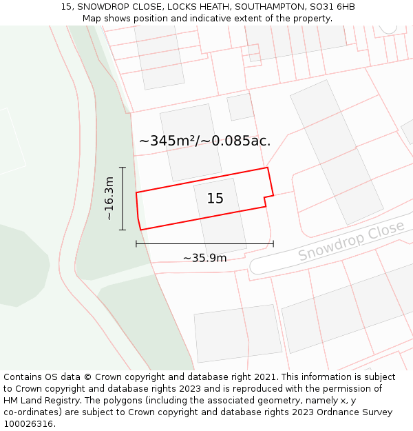 15, SNOWDROP CLOSE, LOCKS HEATH, SOUTHAMPTON, SO31 6HB: Plot and title map
