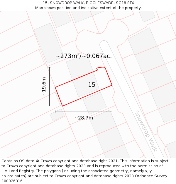 15, SNOWDROP WALK, BIGGLESWADE, SG18 8TX: Plot and title map