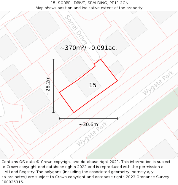 15, SORREL DRIVE, SPALDING, PE11 3GN: Plot and title map