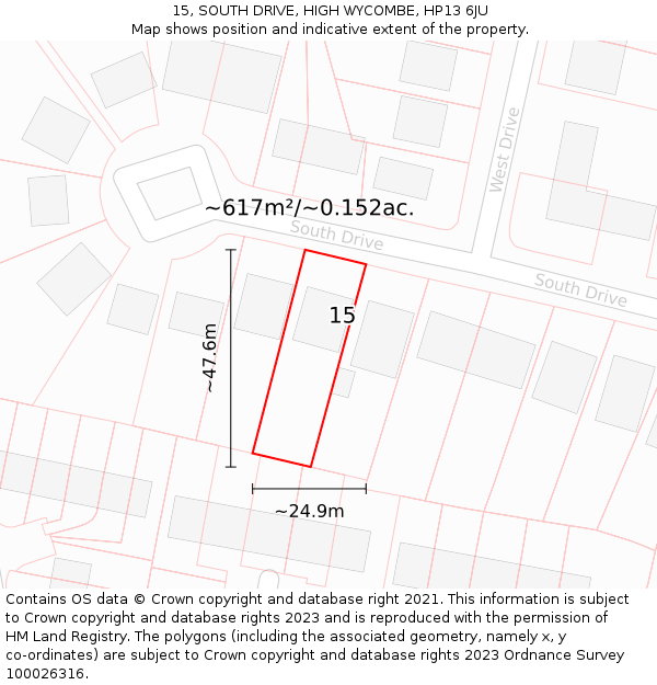 15, SOUTH DRIVE, HIGH WYCOMBE, HP13 6JU: Plot and title map