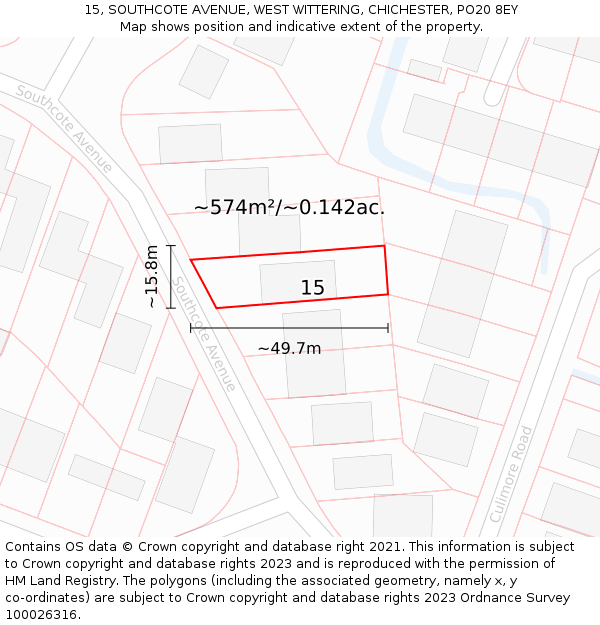 15, SOUTHCOTE AVENUE, WEST WITTERING, CHICHESTER, PO20 8EY: Plot and title map