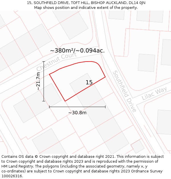 15, SOUTHFIELD DRIVE, TOFT HILL, BISHOP AUCKLAND, DL14 0JN: Plot and title map