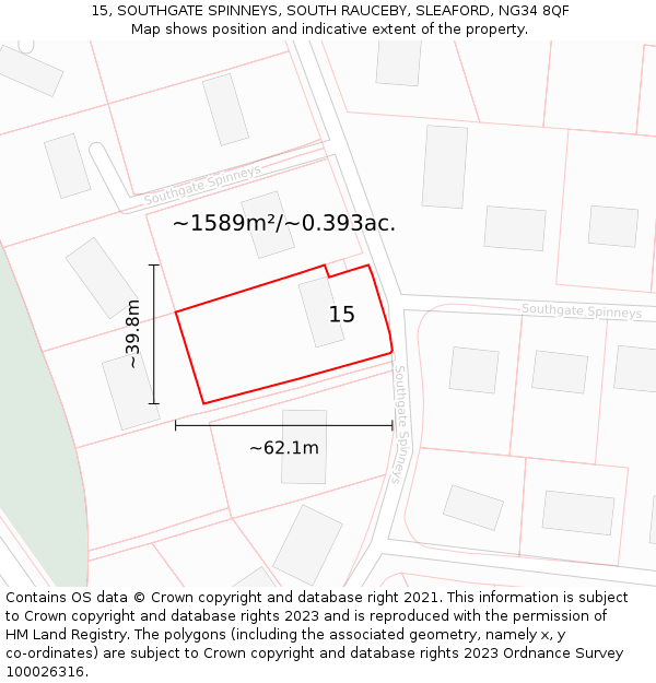 15, SOUTHGATE SPINNEYS, SOUTH RAUCEBY, SLEAFORD, NG34 8QF: Plot and title map