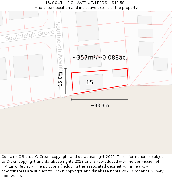 15, SOUTHLEIGH AVENUE, LEEDS, LS11 5SH: Plot and title map