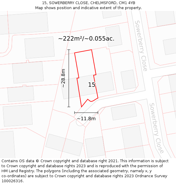 15, SOWERBERRY CLOSE, CHELMSFORD, CM1 4YB: Plot and title map