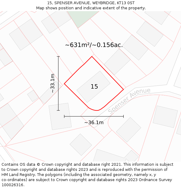 15, SPENSER AVENUE, WEYBRIDGE, KT13 0ST: Plot and title map