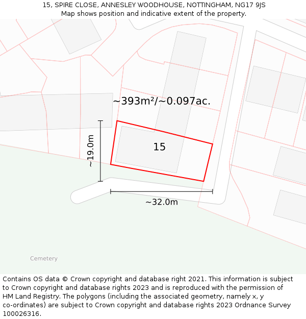 15, SPIRE CLOSE, ANNESLEY WOODHOUSE, NOTTINGHAM, NG17 9JS: Plot and title map