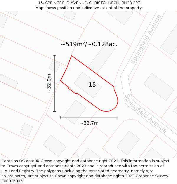 15, SPRINGFIELD AVENUE, CHRISTCHURCH, BH23 2PE: Plot and title map